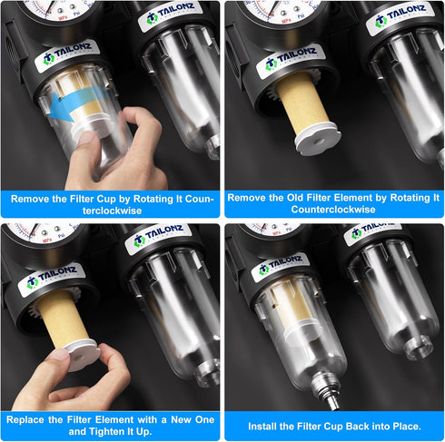 TAILONZ PNEUMATIC 1/4 Inch NPT AFC2000 Air Filter Pressure Regulator Kit, 0-145 Psi, 5 Micron