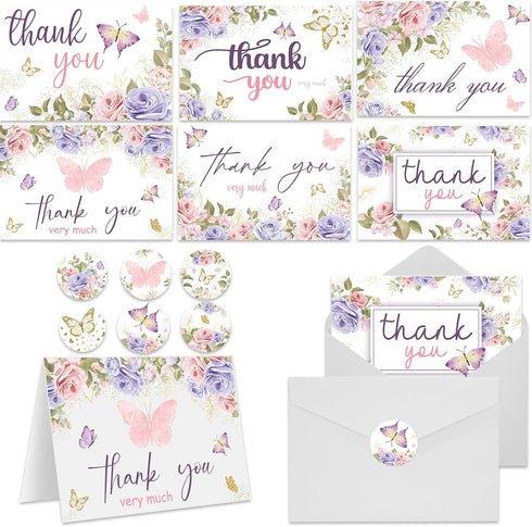 NODMIPNS 60 Pieces Butterfly Floral Baby Shower Thank You Cards,Purple Thank You Cards