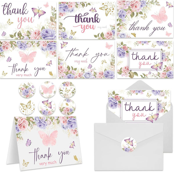 NODMIPNS 60 Pieces Butterfly Floral Baby Shower Thank You Cards,Purple Thank You Cards