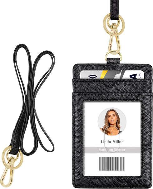 Azrra Lanyards for ID Badges, Vertical PU Leather Badge Holder with 1 ID Holder and 4 Credit Card Slots, Black