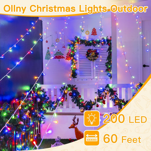 200LED 60FT 8 Ollny Christmas Lights Indoor, Multicolor Connectable Plug in String Light Outdoor, Modes Waterproof