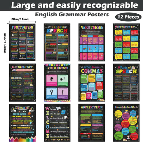 gisgfim 12 Pieces English Grammar Posters, Educational Wall Signs for Middle and High School Classroom Decor