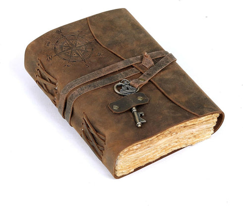 cuero C Compass Vintage Leather Journal, Antique Handmade Leather Bound Journal with Deckle Edge Paper, Great Gift