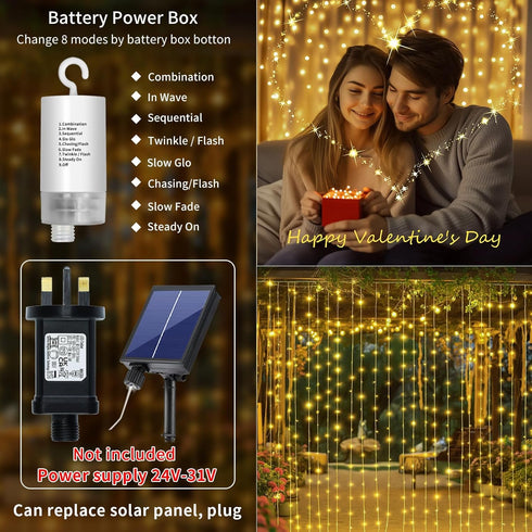 10 10Ft 300LED 8 Dimmable Curtain Lights Battery Operated * Waterfall Light with Modes Remote Timer Memory Waterproof