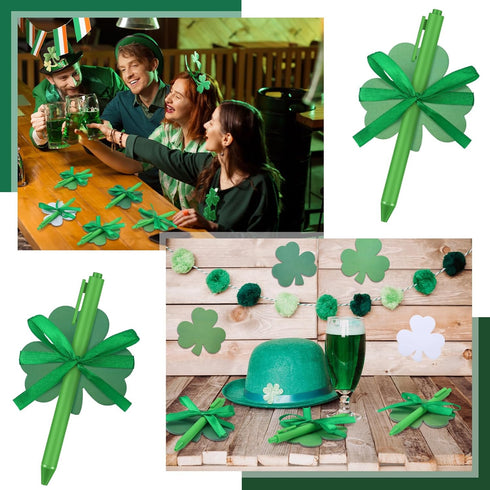 Geyee 24 Pack St. Patrick's Day Shamrock Pen with Sticky Notepad - Kids Bulk Shamrock Shaped Ballpoint Pen, Ribbons,