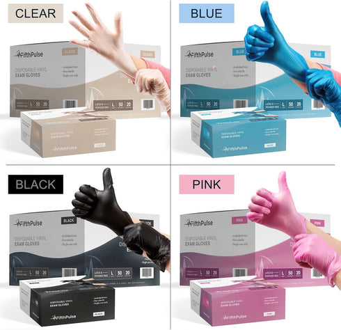 FifthPulse Black Vinyl Disposable Gloves - Powder and Latex Free Medical Exam Gloves