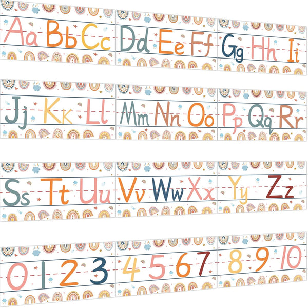 gisgfim 12 Pieces Alphabet Bulletin Board Strips Set, Boho Rainbow Alphabet Line ABC Banner & Number Border Posters for