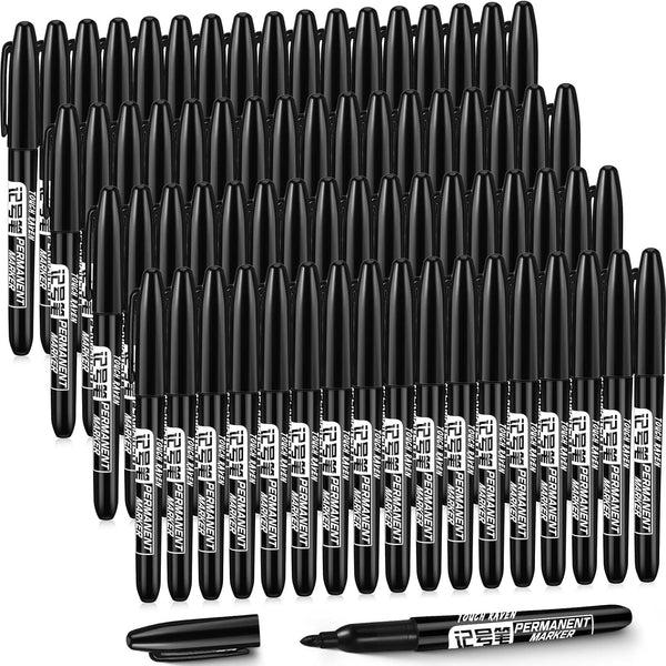 Thenshop 100 Pack Black Permanent Markers, Fine Point, Waterproof, Works on Plastic, Wood, Stone, Metal, Glass