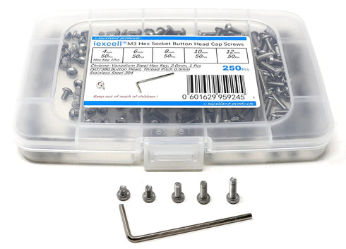 iexcell 250 Pcs M3 x 4/6/8/10/12 Stainless Steel 304 Hex Socket Button Head Cap Screws Assortment Kit