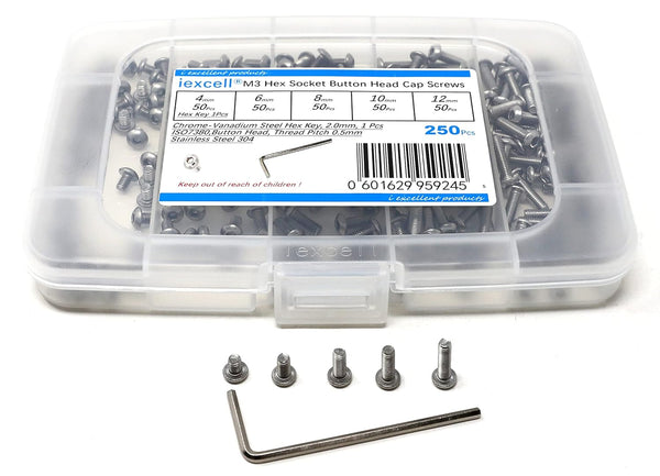 iexcell 250 Pcs M3 x 4/6/8/10/12 Stainless Steel 304 Hex Socket Button Head Cap Screws Assortment Kit