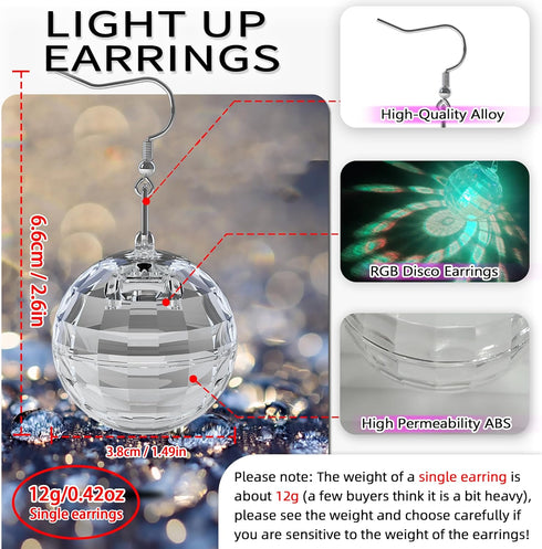 Disco Ball Earrings - 16 Light Modes, Rechargeable LED Earrings for Women, Dance Party Accessories
