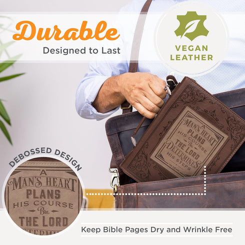 Christian Art Gifts Men's Classic Bible Cover - A Man’s Heart Proverbs 16:9, Brown/Tan Faux Leather, Medium