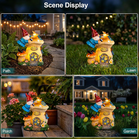 Garden Gnome Statues Figurine Lights - Solar Powered Lighting Outdoor Decorations, Gnome Build Mushroom Fairy House