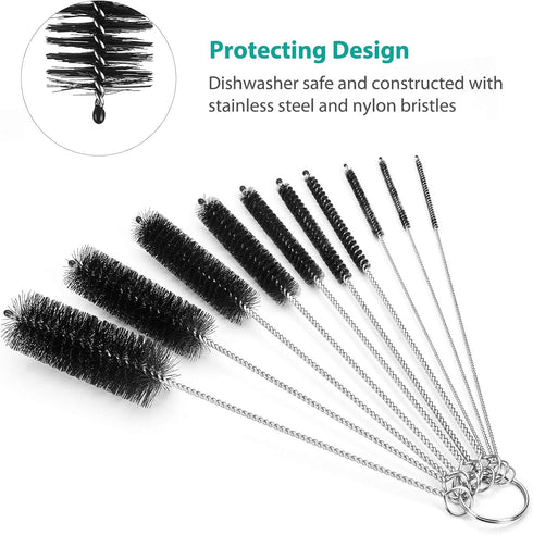 8 Inch Set, Set 10pcs CiaraQ Bottle Cleaning Brushes, Nylon Tube Brush Cleaner for Narrow Neck Bottles Cups with Hook