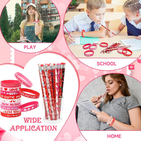 JUNEBRUSHS 72Pcs Valentine's Day Party Favors Set, 36Pcs Valentines Day Pencils with 36Pcs Silicone Bracelets