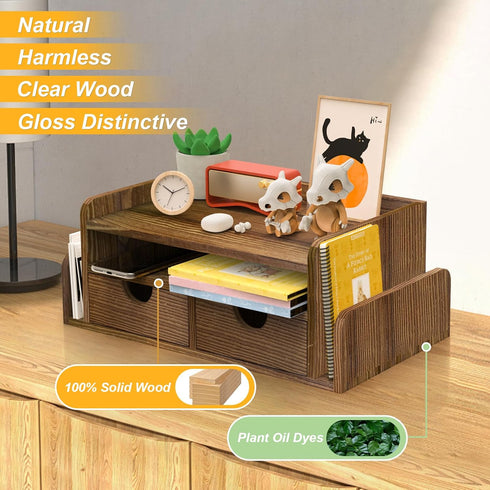 HZE Wooden Desk Organizer with Drawers, Rustic 3-Tier Desktop Organizer, Desktop Drawers with 2 Side Mail Sorting Slots