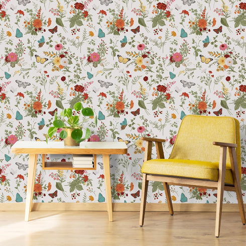 17.7''x354'' VEELIKE Herbs Floral Wallpaper Stick and Peel Vintage Butterflies Marigolds Contact Paper for Walls