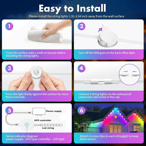 150ft IP67 Waterproof,100 Permanent Outdoor Lights RGB+IC Outdoor String Lights App Control Scene Modes Home