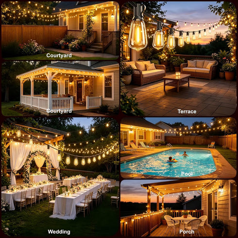 25FT ST38 Bulbs, 2500K Dimmable Outdoor String Lights, Waterproof Patio Lights with Shatterproof Vintage Edison