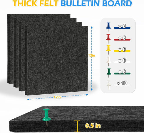 Felt Cork Board Tiles, 4 Packs 12" x 12" 1/2" Thick Self Adhesive Acoustic Panels for Walls with 40 Pushpins for Home