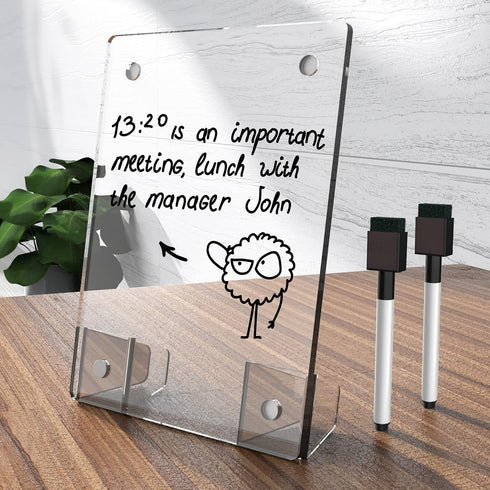 Clear Acrylic White Board, 8x6 Inches, Frameless Desktop Dry Erase Board with Magnetic Stand and Markers for Home and