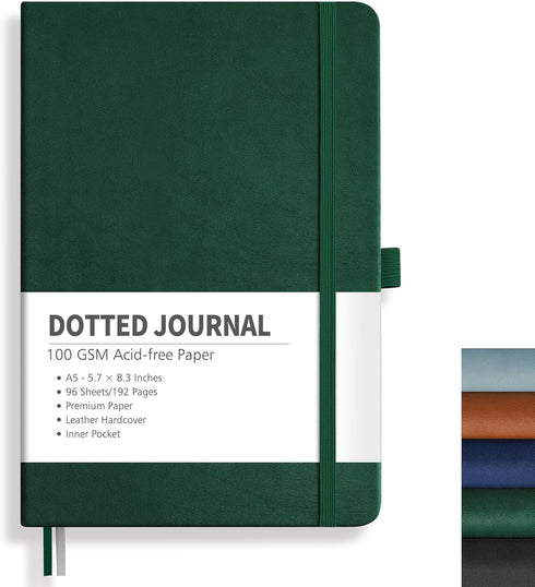 RETTACY Bullet Dotted Journal - A5 Dotted Grid Notebook, 192 Pages, Leather Hardcover, Dark Green