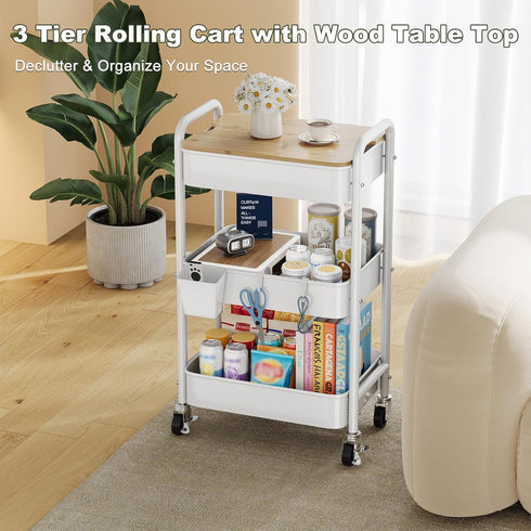 Rcemlip 3 Tier Rolling Cart with Wood Table Top, White Bedside Cart on Lockable Wheels, Metal Utility Storage Organizer