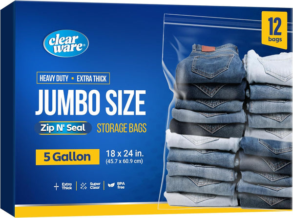 12 Large Plastic Bags with Zipper Top, 5 Gallon 18" x 24" Storage Bags for Clothes, Travel, Moving