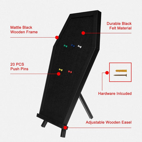 Coffin Pin Display Board, Wooden Felt Bulletin Board for Table Top or Wall, Gothic Decor 17 x 11 Inches