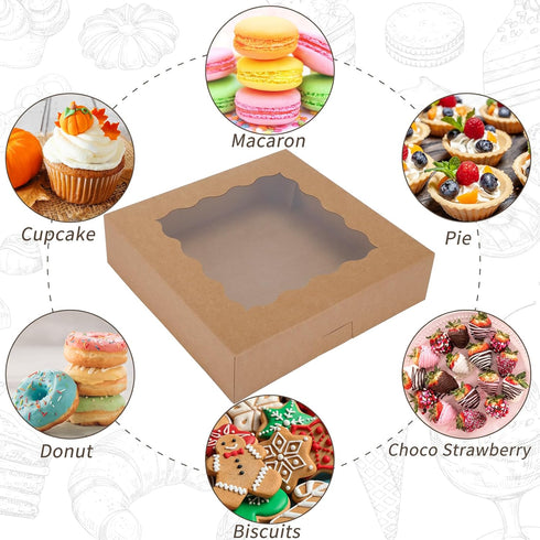 TOMNK 30pcs Large Bakery Boxes, 10x10x2.5 in with Window, Brown Paper Boxes for Pies and Cookies