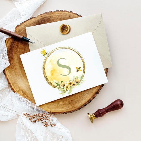 Designing Moments Set 10 Personalized Folded Monogram Cards, Bee and Honey Monogram Note Cards, Couples Stationery