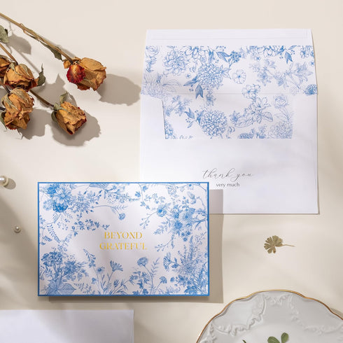 50 Pack Set Crisky Beyond Grateful Thank You Cards with Envelopes Bulk, Blue Floral Thank You Notes with Envelopes