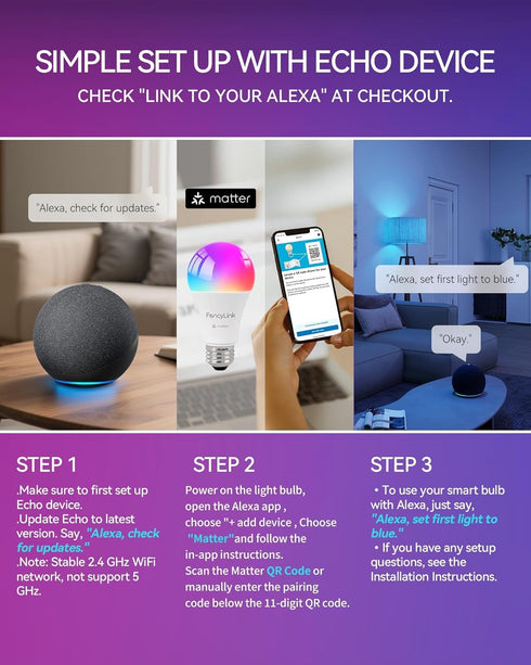 Bulbs, Bulb, A19 60W,2.4Ghz Home,16 800 Lumen,4 Pack Matter Smart Light Color Changing Light hub Required, WiFi