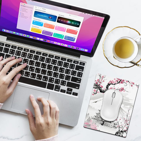 Cute Small Mouse Pad, Mini Travel Mousepads for Wireless Mouse, Japanese Cherry Blossom Design, Non-slip Base