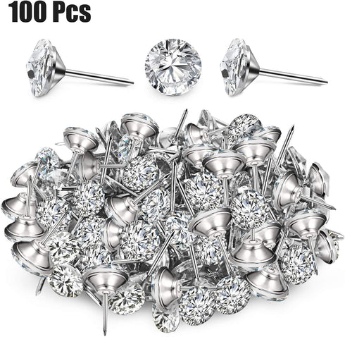 100 Pieces Upholstery Nails Tacks, Decorative Push Pins, Fancy Diamond Crystal Thumb Tacks for Furniture