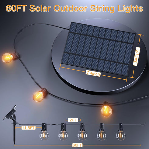 60FT Dimmable 3Modes 25 2 Bulb, G40 Ollny Solar Lights Outdoor, Waterproof Remote Control Timers String Light with LED