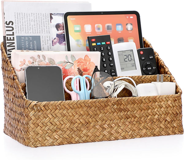 BTSKY Woven Storage Basket, Natural Seagrass Vertical Wicker Storage Baskets with 4 Compartments for Home Office
