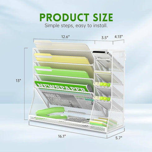 SUPEASY Wall File Organizer, 5-Tier Desk Organizer with 4 Pen Holders, R-shaped Bottom Tray for Office Supplies, White