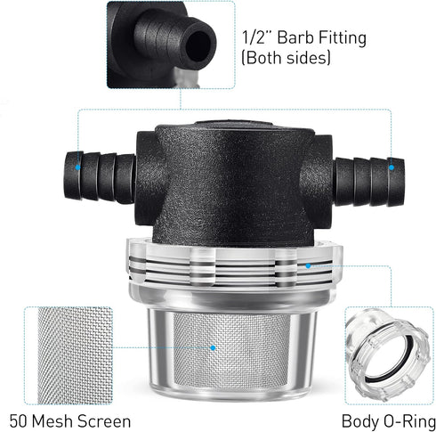 1/2 Inches Water Pump Strainer for 3/8 Inches Hose Barb, Twist-On Pipe Sprayer Filter for 12V DC 80 PSI RV Marine Boat