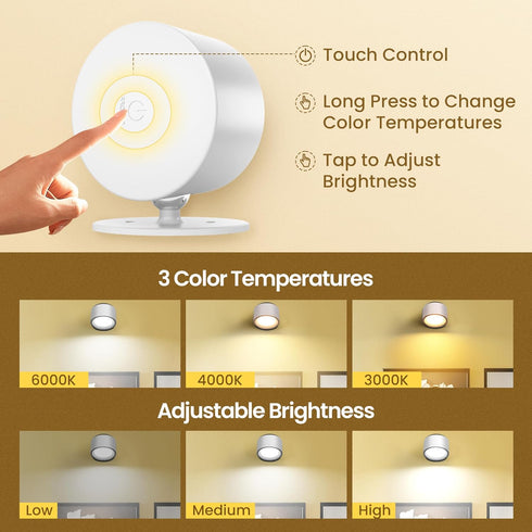 3 3 360Rotate Bedside,White-2 Pack Wall Mounted Lamp LED Wall Lights with Rechargeable Battery Operated, Color