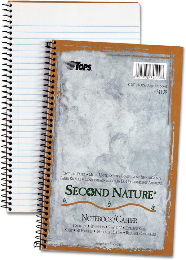 TOPS Second Nature Notebook, 9.5 x 6 Inch, College Ruled, 80 Sheets, 100% Recycled, Grey (74109)