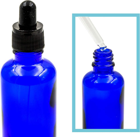Youngever 12 Pack 2 Ounce Blue Glass Dropper Bottles for Essential Oil, Includes 2 Stainless Steel Mini Funnels