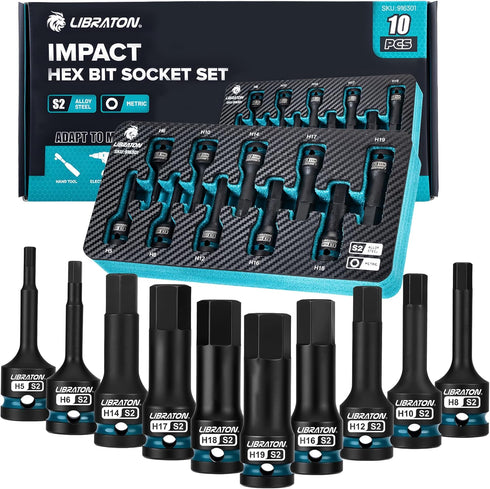 LIBRATON Impact Hex Bit Socket Set, 1/2" Dr, S2 Steel, 10PCS High