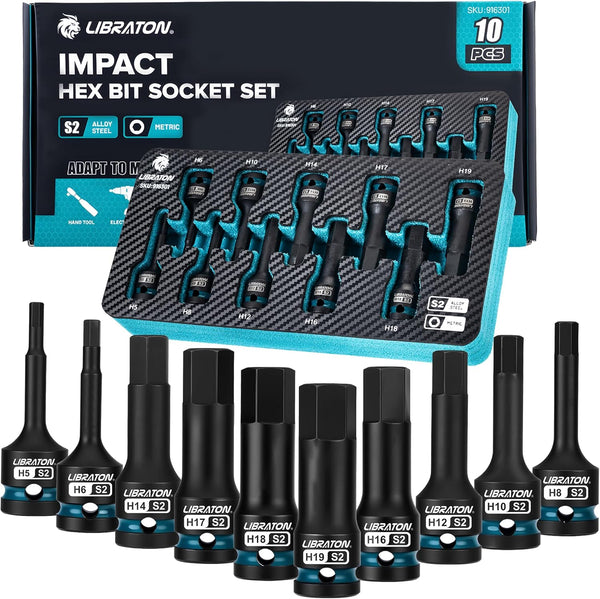 LIBRATON Impact Hex Bit Socket Set, 1/2" Dr, S2 Steel, 10PCS High