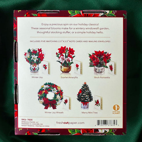 Set, 6 inch 3D Pack 5 Freshcut Paper Pop Up Christmas Cards Boxed Holiday Collection, Mini Sized Paper Flower Bouquet
