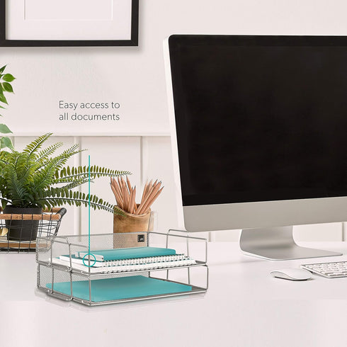 Mindspace 2 Tier Stackable Letter Tray, Paper Tray Desk Organizer, The Mesh Collection, Silver
