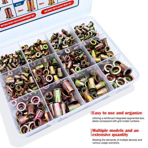 Ktehloy 470Pcs Set 6-32 8-32 10-24 1/4"-20 5/16"-18 3/8"-16 M3 M4 M5 M6 M8 M10 Rivet Nut Kit, SAE & Metric UNC Rivet