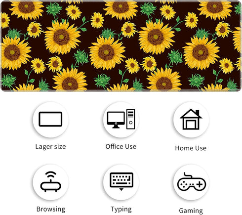 Large Gaming Mouse Pad with Stitched Edges, Non-Slip Desk Pad Protector, Cute Sunflower Yellow Decor for Home Office