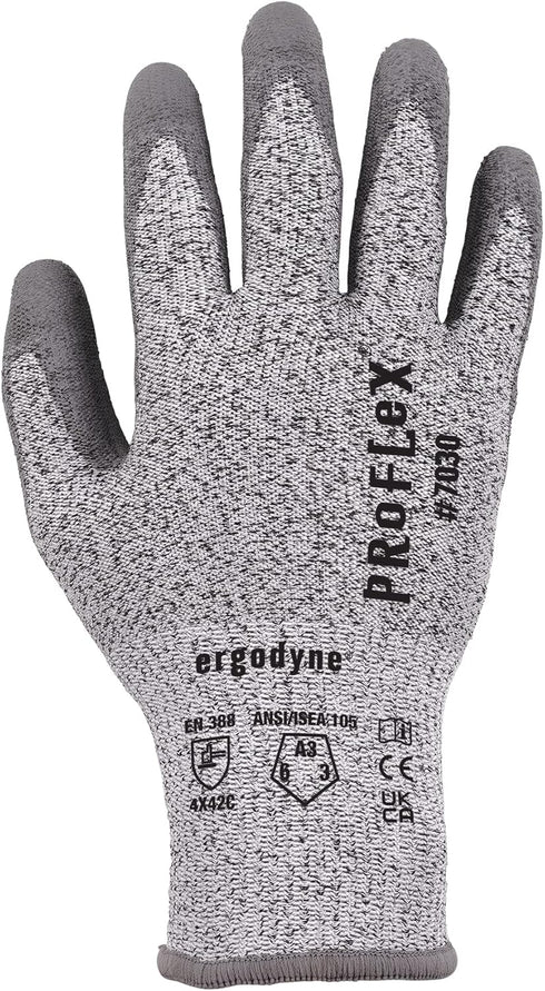 Ergodyne ProFlex 7030 Cut Resistant Work Gloves, ANSI A3, Gray, PU Coated Palms for Flexible No Slip Grip, 2X-Large