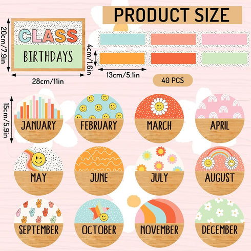 Back to School Birthday Bulletin Board Set Groovy Class Birthday Bulletin Board Stickers Retro Boho Hippie Month Header Decals for School Classroom Calendar Decor, 53Pcs by JarThenaAMCS
